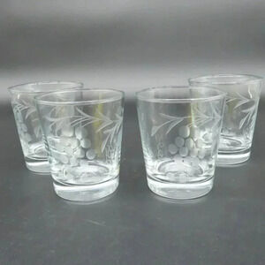 Anchor Hocking Grape Etched Mid-Century Low-Ball Glassware Set of 4 Vintage